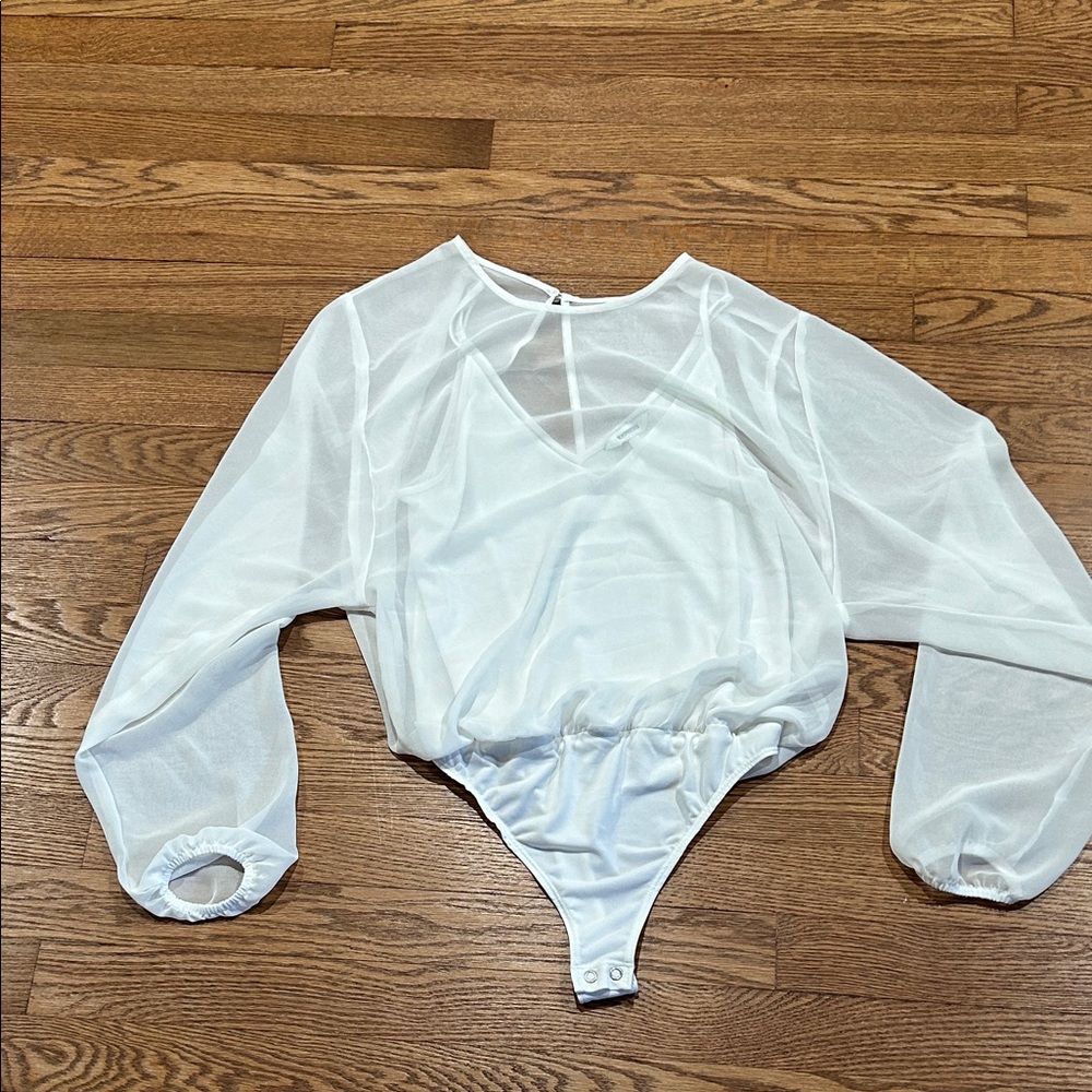Express White Sheer Long-Sleeve Bodysuit with V-Neck adjustable Tank